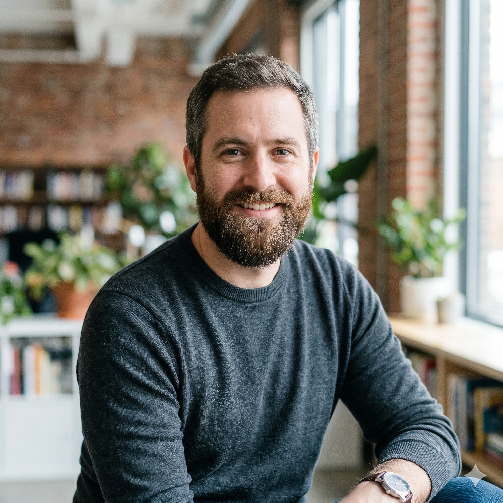 Smiling man in casual sweater sitting in modern office